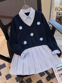 SHEIN 女童秋冬保暖內裡套裝 2件組，3D海軍藍花卉飾邊袖口運動衫搭配藍白百褶迷你裙，適合家庭與學校，可愛風格 - 彩色 - 查看 7