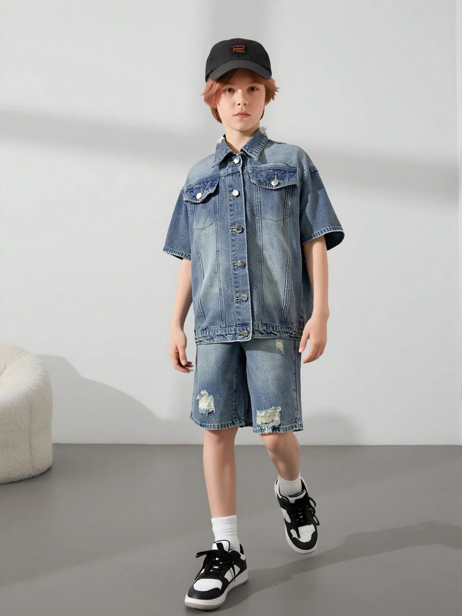 Tween Boys Denim Two Pieces Outfits - Medium Wash - View 1