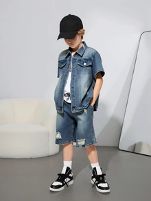 Tween Boys Denim Two Pieces Outfits - Medium Wash - View 4