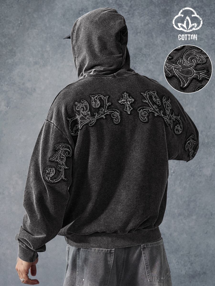 PAVTROS 男士字母刺繡口袋長袖休閒連帽衛衣 - 黑色 - 查看 1