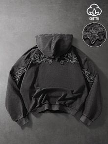 PAVTROS 男士字母刺繡口袋長袖休閒連帽衛衣 - 黑色 - 查看 3