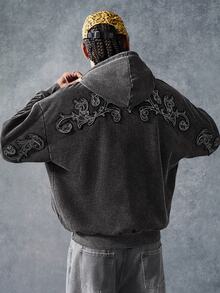 PAVTROS 男士字母刺繡口袋長袖休閒連帽衛衣 - 黑色 - 查看 7