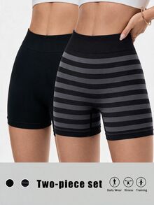 SHEIN Velisys 2pcs/Set Women's Slim Fit Sports Athletic Low Waisted Boxer Briefs Gym Sports Black Summer - Multicolor - View 4