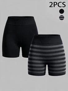 SHEIN Velisys 2pcs/Set Women's Slim Fit Sports Athletic Low Waisted Boxer Briefs Gym Sports Black Summer - Multicolor - View 2