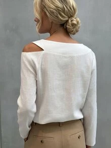 Trelyra Women's Versatile Fashion Cold Shoulder Long Sleeve Blouse For Office - White - View 2