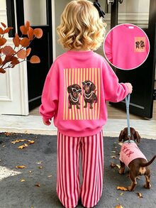SHEIN Playful Pals 女嬰 2 件組秋季套裝 卡通狗狗印花圓領衛衣與條紋長褲 可愛休閒 嬰兒秋冬款 - 彩色 - 查看 3