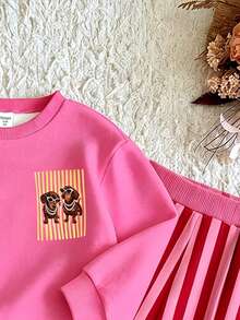 SHEIN Playful Pals 女嬰 2 件組秋季套裝 卡通狗狗印花圓領衛衣與條紋長褲 可愛休閒 嬰兒秋冬款 - 彩色 - 查看 6