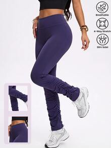 SHEIN Velisys Women's Solid Color Pleated Design Daily Fitness Flare Leggings - Navy Blue - View 1