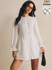 Poéselle Women's Solid Color Round Neck Ruffle Cuff Single-Breasted Casual Mini Dress - White - View 1