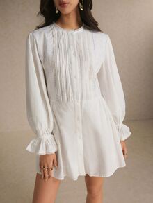 Poéselle Women's Solid Color Round Neck Ruffle Cuff Single-Breasted Casual Mini Dress - White - View 4