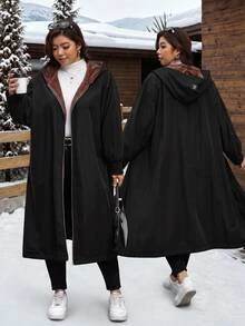 SHEIN Clasi Mantel Panjang Berkerudung Berlapisan Termal Ukuran Besar untuk Musim Gugur/Dingin - Hitam - View 1