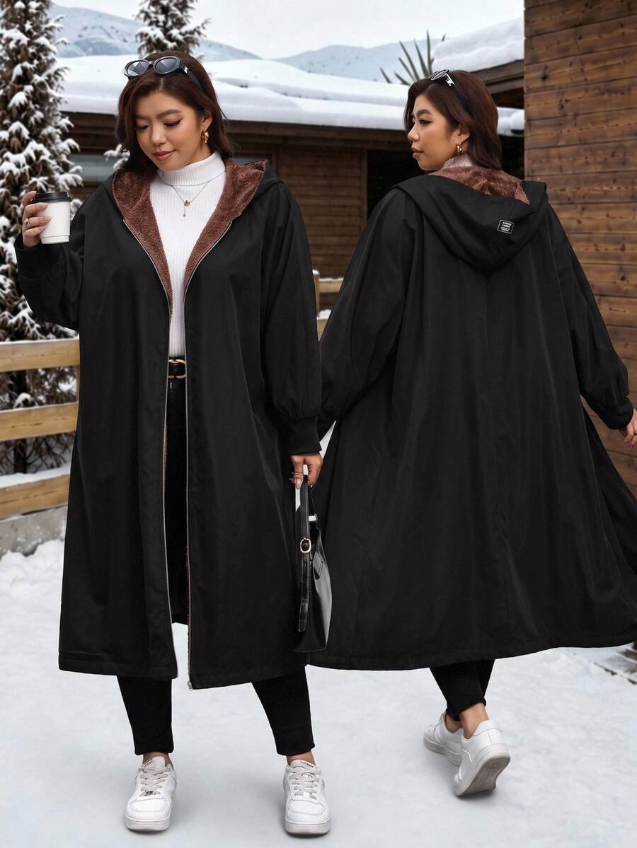 SHEIN Clasi Mantel Panjang Berkerudung Berlapisan Termal Ukuran Besar untuk Musim Gugur/Dingin - Hitam - View 1