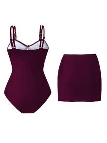 SHEIN Swim 1件装 女士可爱五角星装饰休闲度假连体泳衣 - 酒紅色 - 查看 2