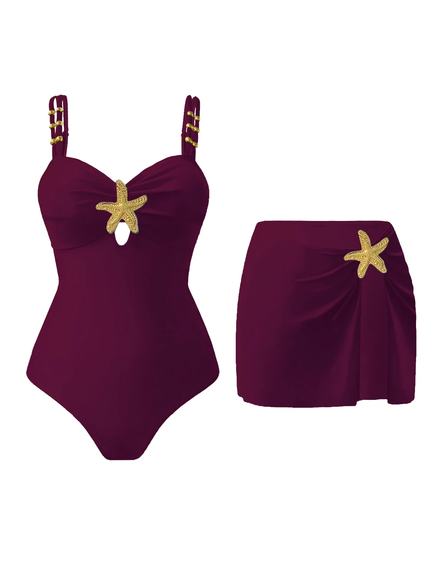 SHEIN Swim 1件装 女士可爱五角星装饰休闲度假连体泳衣 - 酒紅色 - 查看 1