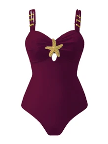SHEIN Swim 1件装 女士可爱五角星装饰休闲度假连体泳衣 - 酒紅色 - 查看 3
