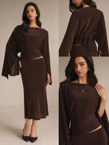 Poéselle Women's Dark Brown Batwing Sleeve Top And Skirt 2 Pieces Set,Casual Elegant Dinner Party Night Outfit Fall Winter - Brown - View 4