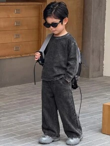 SHEIN Little Byeori 兒童男童 2件組休閒軟綿黑色針織丹寧寬鬆衛衣與牛仔褲套裝，秋冬開學穿搭，幼童套裝 - 黑色 - 查看 7