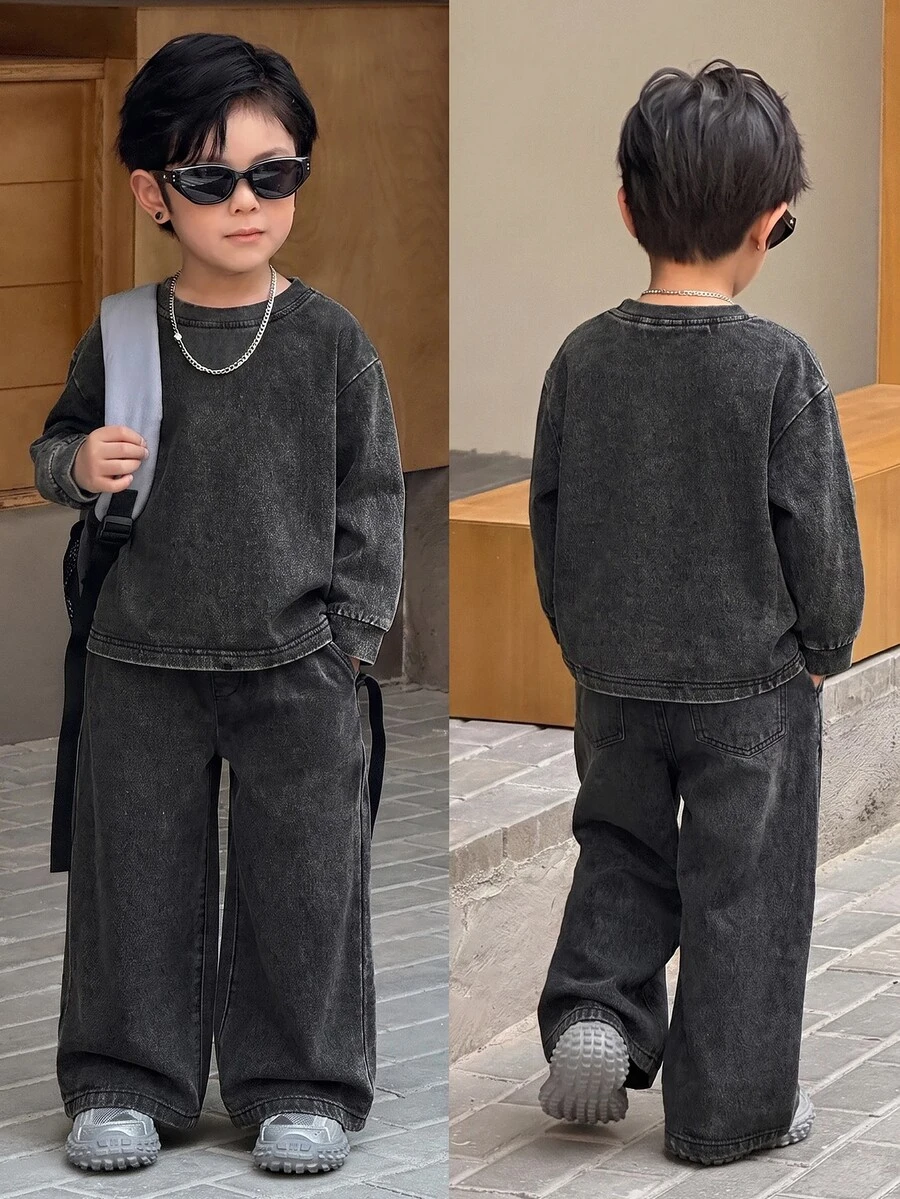 SHEIN Little Byeori 兒童男童 2件組休閒軟綿黑色針織丹寧寬鬆衛衣與牛仔褲套裝，秋冬開學穿搭，幼童套裝
