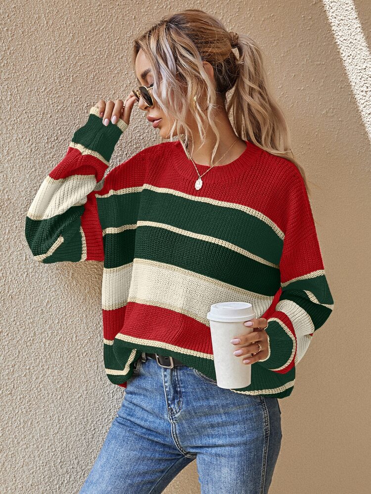 EMERY ROSE Suéter de mujer de moda reciente, cómodo, con bloques de color navideños - Multicolor - Añade 3