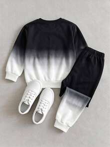 2pcs Boys Fall Style Black White Color Block Gradient PARIS Letter Print Long Sleeve Sweatshirt & Pants Set Casual Fashion Autumn Winter - Blue - View 2