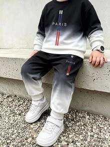 2pcs Boys Fall Style Black White Color Block Gradient PARIS Letter Print Long Sleeve Sweatshirt & Pants Set Casual Fashion Autumn Winter - Blue - View 1