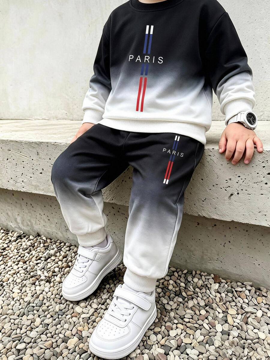 2pcs Boys Fall Style Black White Color Block Gradient PARIS Letter Print Long Sleeve Sweatshirt & Pants Set Casual Fashion Autumn Winter - Blue - View 1