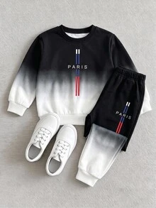 2pcs Boys Fall Style Black White Color Block Gradient PARIS Letter Print Long Sleeve Sweatshirt & Pants Set Casual Fashion Autumn Winter - Blue - View 5