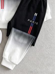 2pcs Boys Fall Style Black White Color Block Gradient PARIS Letter Print Long Sleeve Sweatshirt & Pants Set Casual Fashion Autumn Winter - Blue - View 3