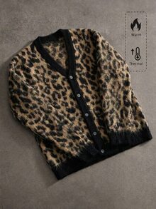 NEOSTRIT 男士街頭風豹紋鈕扣長袖針織開襟衫，秋季，街頭風，登山，防風外套，戶外派克大衣 - 棕色 - 查看 2