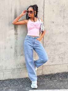 SHEIN Teen Girls Pink Bow Pattern Light Blue Loose Denim Long Pants - Blue - View 5