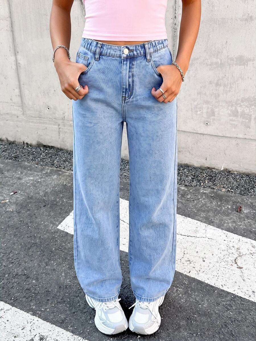 SHEIN Teen Girls Pink Bow Pattern Light Blue Loose Denim Long Pants - Blue - View 1