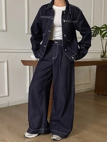DAZY Women's Long Sleeve Single-Breasted Jacket And Wide Leg Pants Casual Denim Set Fall - Blue - View 9
