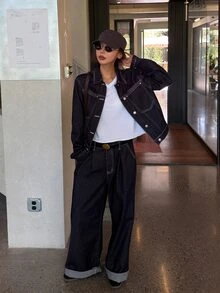 DAZY Women's Long Sleeve Single-Breasted Jacket And Wide Leg Pants Casual Denim Set Fall - Blue - View 5