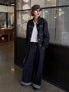 DAZY Women's Long Sleeve Single-Breasted Jacket And Wide Leg Pants Casual Denim Set Fall - Blue - View 1