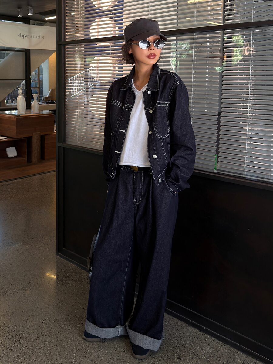 DAZY Women's Long Sleeve Single-Breasted Jacket And Wide Leg Pants Casual Denim Set Fall - Blue - View 1