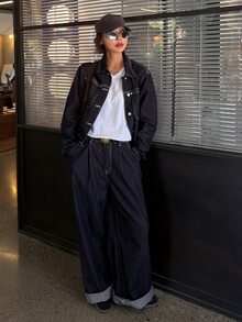 DAZY Women's Long Sleeve Single-Breasted Jacket And Wide Leg Pants Casual Denim Set Fall - Blue - View 4