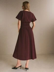 Poéselle Women's Solid Color Round Neck Short Sleeve Waist-Cinching Elegant Long Dress - Burgundy - View 7
