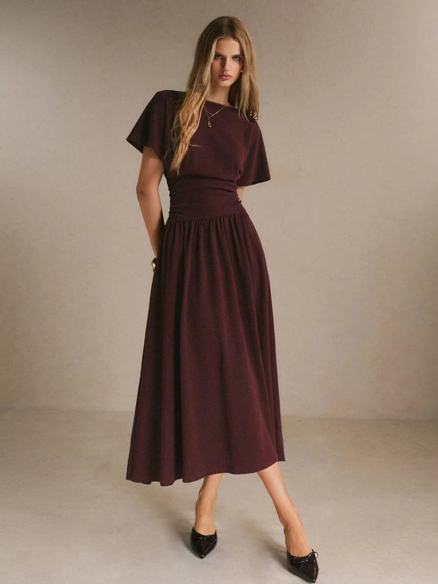 Poéselle Women's Solid Color Round Neck Short Sleeve Waist-Cinching Elegant Long Dress - Burgundy - View 1