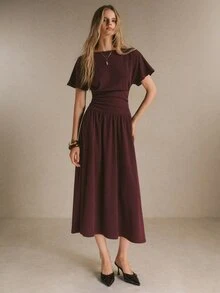 Poéselle Women's Solid Color Round Neck Short Sleeve Waist-Cinching Elegant Long Dress - Burgundy - View 6