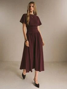 Poéselle Women's Solid Color Round Neck Short Sleeve Waist-Cinching Elegant Long Dress - Burgundy - View 5