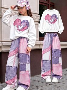 SHEIN Genkimix Kids Teen Girls Spring/Fall Winter White Crew Neck Heart Print Long Sleeve Sweatshirt And Pink & Purple Color Block Digital Print Wide Leg Pants 2-Piece Se - White - View 3