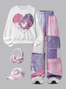 SHEIN Genkimix Kids Teen Girls Spring/Fall Winter White Crew Neck Heart Print Long Sleeve Sweatshirt And Pink & Purple Color Block Digital Print Wide Leg Pants 2-Piece Se - White - View 7