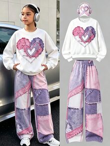 SHEIN Genkimix Kids Teen Girls Spring/Fall Winter White Crew Neck Heart Print Long Sleeve Sweatshirt And Pink & Purple Color Block Digital Print Wide Leg Pants 2-Piece Se - White - View 2