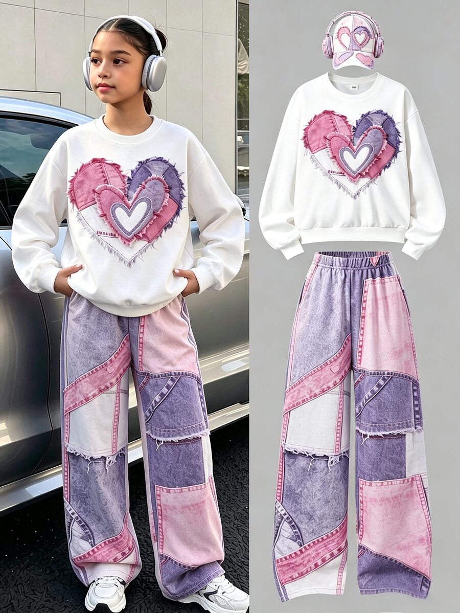 SHEIN Genkimix Kids Teen Girls Spring/Fall Winter White Crew Neck Heart Print Long Sleeve Sweatshirt And Pink & Purple Color Block Digital Print Wide Leg Pants 2-Piece Se