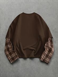 GETOML Men's Casual Commute Street Plaid Patchwork Mock Layered Patchwork Contrast Color 2 In 1 T-Shirt Autumn City Break , Street T-Shirt, Long Sleeve Top, Football - Coffee Brown - View 3