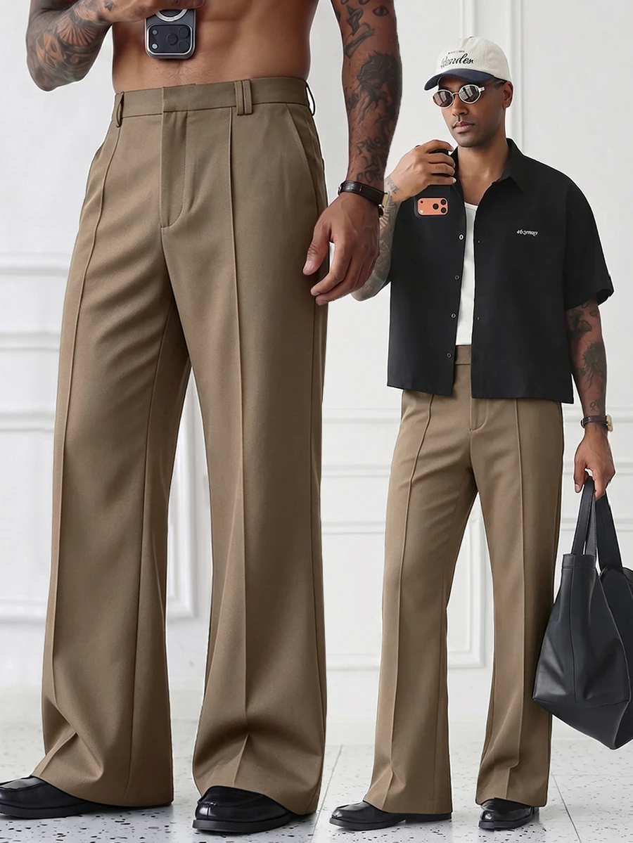 HUEFORM Men's Vintage Black Fashion Commute Loose Wide Leg Flare Pants, Suitable For Summer Old Money Style - Khaki - View 1