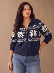 SHEIN LUNE CURVE Fair Isle Snowflake Jacquard Collar Zip-Up Knit Cardigan Women Loose Lantern Sleeve Short Vintage Sweater Winter - Blue - View 3