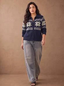 SHEIN LUNE CURVE Fair Isle Snowflake Jacquard Collar Zip-Up Knit Cardigan Women Loose Lantern Sleeve Short Vintage Sweater Winter - Blue - View 5