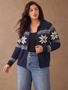 SHEIN LUNE CURVE Fair Isle Snowflake Jacquard Collar Zip-Up Knit Cardigan Women Loose Lantern Sleeve Short Vintage Sweater Winter - Blue - View 2