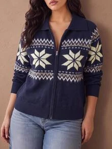 SHEIN LUNE CURVE Fair Isle Snowflake Jacquard Collar Zip-Up Knit Cardigan Women Loose Lantern Sleeve Short Vintage Sweater Winter - Blue - View 11